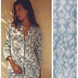 Zara Ikat Blue Aztec Boho Remie 3/4 Button Down Shirt Blouse Women's Size XS